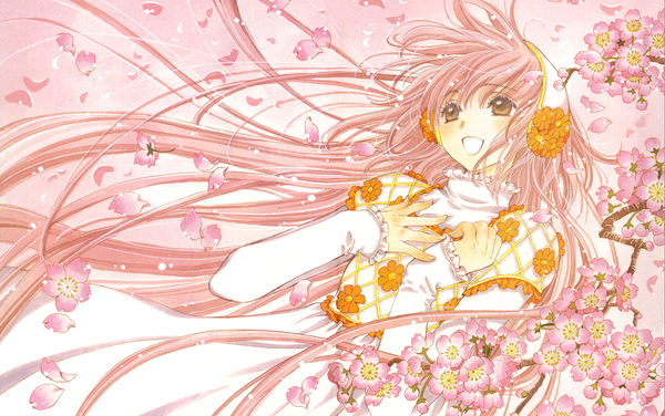 Anime picture 2000x1256 with kobato clamp hanato kobato single long hair highres brown eyes pink hair floating hair looking up girl flower (flowers) branch