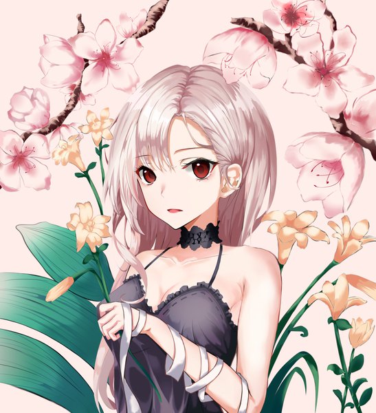 Anime picture 1500x1645 with original peupeuking single long hair tall image looking at viewer fringe breasts open mouth simple background hair between eyes red eyes bare shoulders holding cleavage silver hair upper body cherry blossoms asymmetrical hair girl