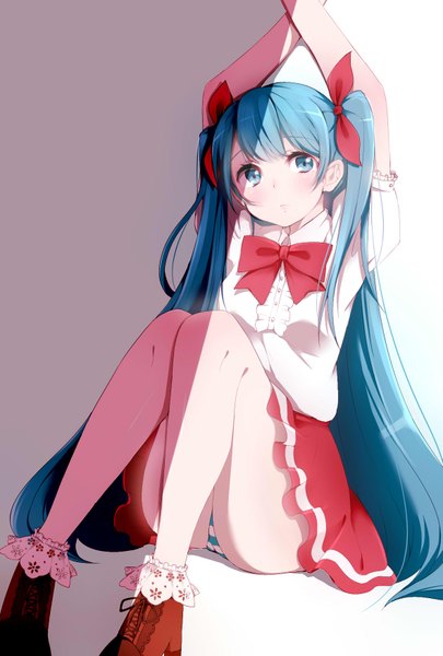 Anime picture 1181x1748 with vocaloid hatsune miku fuu (07199382) single long hair tall image blush fringe blue eyes light erotic sitting twintails blue hair arms up shadow short sleeves pantyshot puffy sleeves legs pantyshot sitting
