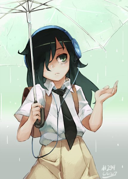 Anime picture 743x1040 with watashi ga motenai no wa dou kangaetemo omaera ga warui! silver link kuroki tomoko junkpuyo single long hair tall image fringe black hair simple background green eyes signed looking away hair over one eye rain transparent umbrella girl uniform school uniform necktie