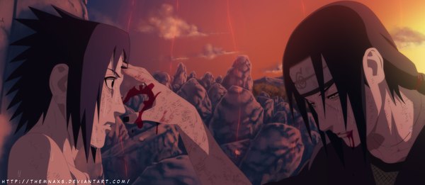 Anime picture 3000x1309 with naruto studio pierrot naruto (series) uchiha sasuke uchiha itachi themnaxs long hair highres short hair black hair wide image sky cloud (clouds) ponytail nail polish profile black eyes multiple boys grey eyes sweat