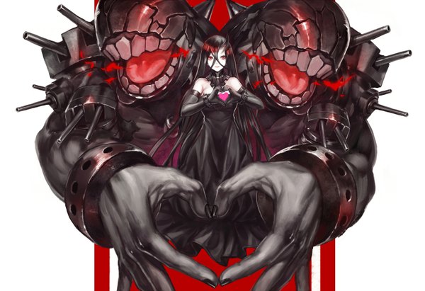 Anime picture 1458x1000 with kantai collection battleship water oni infukun single long hair looking at viewer black hair hair between eyes red eyes bare shoulders horn (horns) heart hands girl dress gloves weapon black gloves elbow gloves heart black dress