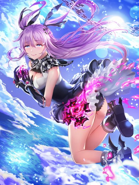 Anime picture 750x1000 with original a-line single long hair tall image blush blue eyes light erotic purple hair cloud (clouds) light smile pantyshot girl dress gloves underwear panties black gloves boots
