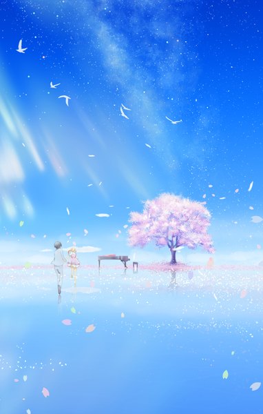 Anime picture 1340x2100 with shigatsu wa kimi no uso a-1 pictures miyazono kaori arima kousei sanaa long hair tall image short hair black hair blonde hair twintails from behind cherry blossoms back reflection running girl boy plant (plants) animal