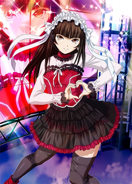 Anime picture 600x832 with ikkitousen teni single long hair tall image looking at viewer black hair brown eyes heart hands girl thighhighs dress black thighhighs lolita hairband