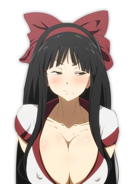 Anime picture 1350x1800 with hyouka samurai spirits kyoto animation kouchi ayako tsubooi single long hair tall image looking at viewer breasts light erotic black hair simple background large breasts white background green eyes miko nakoruru (cosplay) girl bow