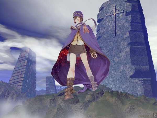 Anime picture 1024x768 with boogiepop phantom madhouse boogiepop ogata kouji single looking at viewer short hair brown hair standing cloud (clouds) full body outdoors from below wallpaper third-party edit double exposure girl skirt hat cape