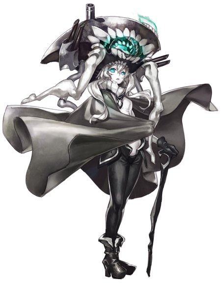 Anime picture 768x1024 with kantai collection wo-class aircraft carrier nakasaki hydra single long hair tall image looking at viewer simple background white background silver hair aqua eyes teeth pale skin shinkaisei-kan girl gloves weapon black gloves boots gun