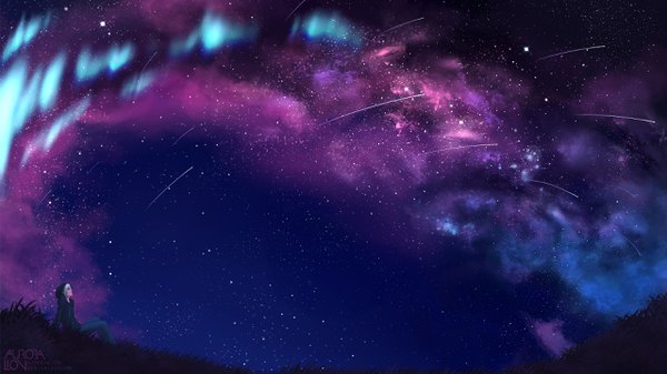 Anime picture 2560x1440 with original auroralion single highres wide image sky cloud (clouds) outdoors white hair night leaning landscape scenic shooting star aurora borealis star (stars)