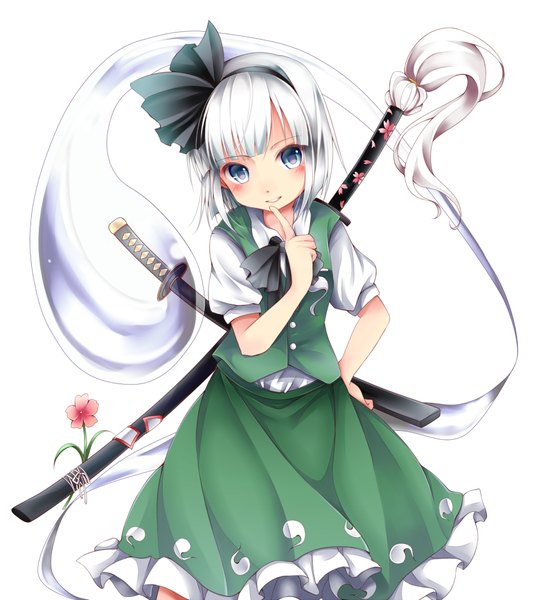 Anime picture 899x1000 with touhou konpaku youmu chikuwa savi single tall image looking at viewer blush fringe short hair blue eyes simple background smile white background white hair blunt bangs parted lips head tilt teeth puffy sleeves hand on hip