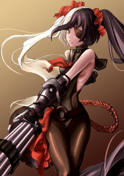 Anime picture 2333x3299 with blade & soul po hwa ran (blade & soul) oh~yes single tall image highres breasts standing holding yellow eyes very long hair multicolored hair two-tone hair girl gloves navel hair ornament weapon gun eyepatch
