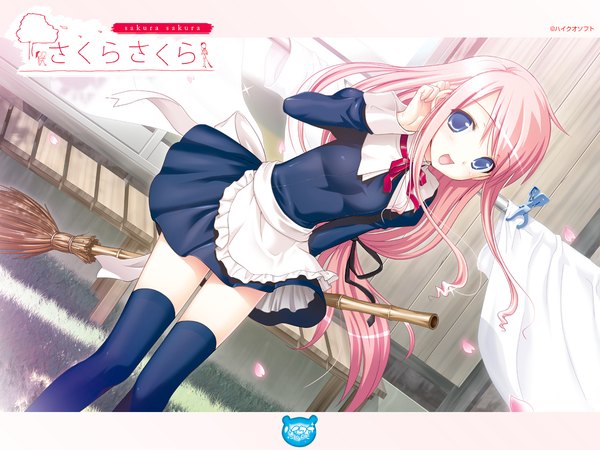 Anime picture 1280x960 with sakura sakura open mouth blue eyes smile pink hair cute thighhighs skirt