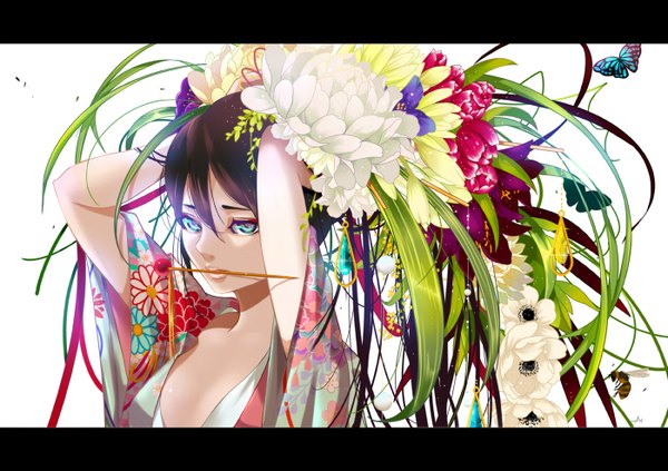 Anime picture 1400x989 with original nanahara single long hair looking at viewer fringe blue eyes brown hair white background holding cleavage traditional clothes japanese clothes hair flower arms up mouth hold adjusting hair eyeshadow hairdressing girl