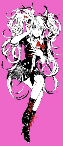 Anime picture 832x1900 with dangan ronpa enoshima junko hug (yourhug) single long hair tall image looking at viewer fringe simple background smile twintails white hair nail polish fingernails alternate costume crossed legs wavy hair long fingernails lacing alternate color