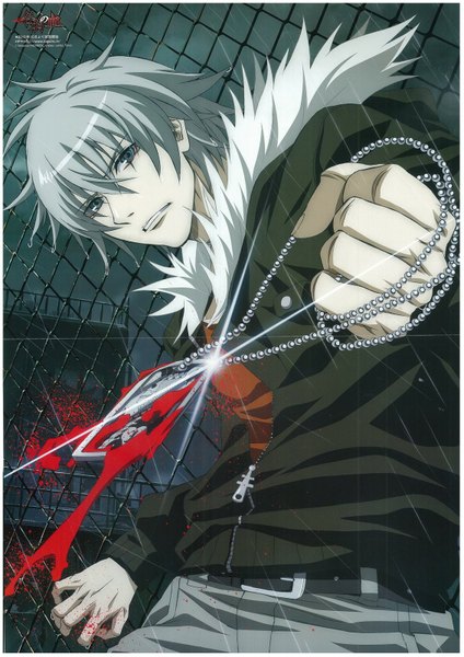Anime picture 1131x1600 with togainu no chi nitro+chiral akira (tnc) single tall image looking at viewer short hair open mouth blue eyes silver hair scan rain boy jacket pendant fur blood fist