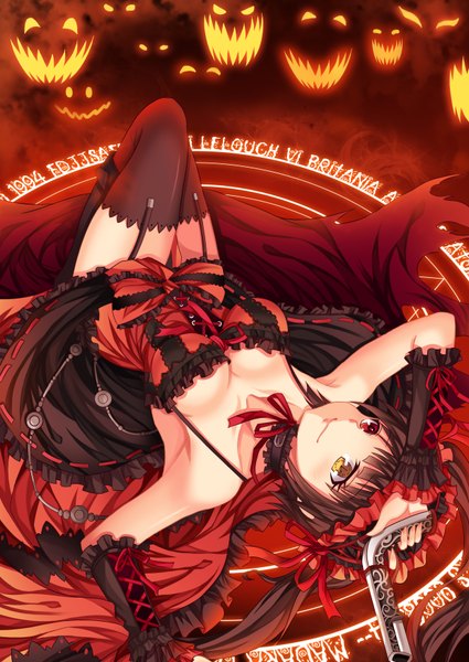 Anime picture 2476x3496 with date a live tokisaki kurumi roland-gin (gin-1994) single long hair tall image highres black hair twintails cleavage lying heterochromia magic halloween girl thighhighs dress weapon black thighhighs detached sleeves