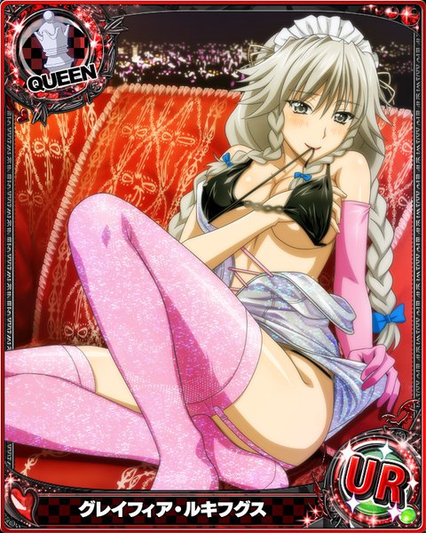 Anime picture 640x800 with highschool dxd grayfia lucifuge single long hair tall image blush breasts light erotic looking away braid (braids) grey hair grey eyes card (medium) girl thighhighs gloves bow hair bow elbow gloves lingerie