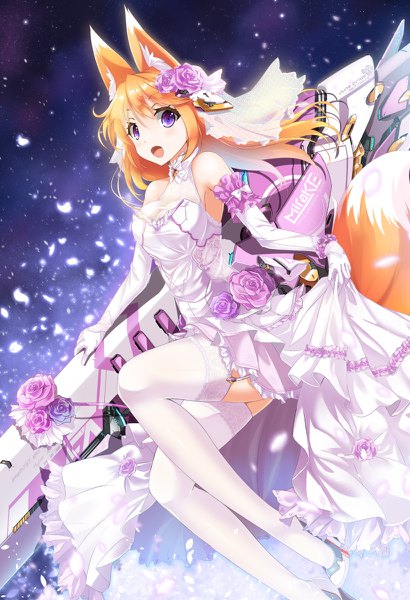 Anime picture 820x1200 with original rika eastre fatkewell single long hair tall image looking at viewer blush fringe breasts open mouth hair between eyes purple eyes bare shoulders animal ears bent knee (knees) tail animal tail hair flower orange hair