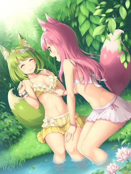 Anime picture 960x1280 with original sasaame long hair tall image short hair open mouth light erotic smile red eyes multiple girls animal ears pink hair tail eyes closed animal tail green hair girl flower (flowers) 2 girls swimsuit