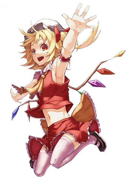 Anime picture 747x1052 with touhou flandre scarlet scottie (phantom2) single tall image looking at viewer short hair open mouth simple background blonde hair red eyes white background bare belly armpit (armpits) one side up spread arms jumping girl thighhighs skirt
