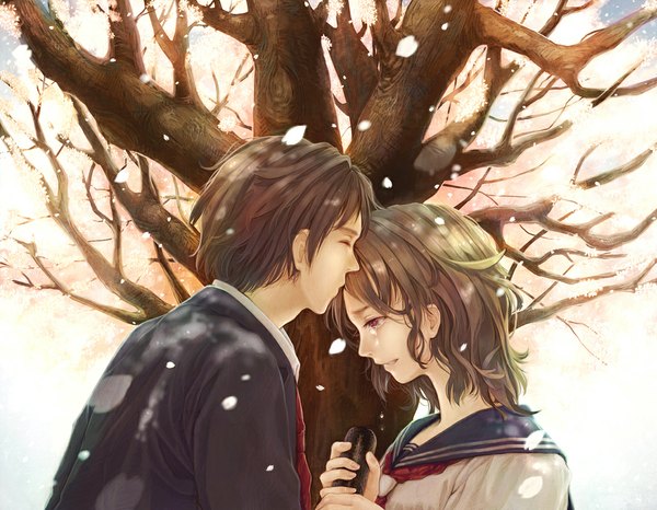 Anime picture 1110x863 with original manbou no suiso short hair brown hair holding brown eyes eyes closed tears cherry blossoms crying kiss graduation forehead kiss girl boy uniform plant (plants) petals tree (trees) serafuku