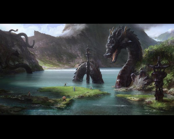 Anime picture 1280x1024 with original tagme (artist) open mouth mountain river plant (plants) tree (trees) water dragon people