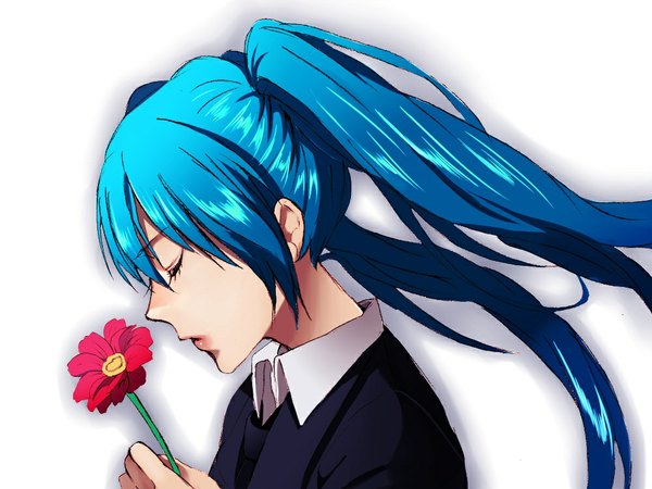 Anime picture 1000x750 with vocaloid saihate (vocaloid) hatsune miku minami haruya single open mouth simple background white background twintails holding blue hair eyes closed profile girl flower (flowers) shirt