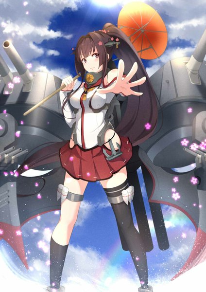 Anime picture 706x1000 with kantai collection yamato super battleship kisaichi jin single long hair tall image blush black hair brown eyes sky cloud (clouds) ponytail girl thighhighs skirt flower (flowers) weapon black thighhighs socks black socks