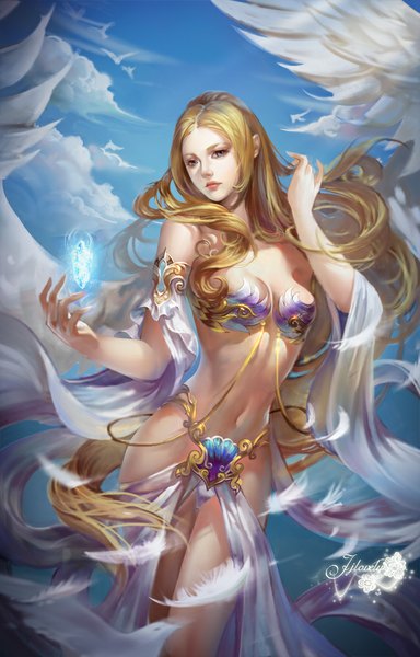 Anime picture 640x1000 with original jjlovely single tall image looking at viewer breasts light erotic blonde hair bare shoulders yellow eyes sky cloud (clouds) very long hair lips midriff glowing flying white wings glow angel