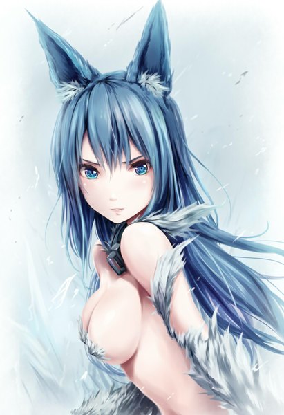 Anime picture 685x1000 with original akkijin single long hair tall image looking at viewer breasts blue eyes light erotic bare shoulders blue hair girl