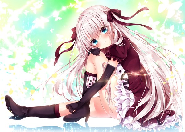 Anime picture 1200x858 with original nogi takayoshi single long hair looking at viewer blush fringe blue eyes light erotic smile hair between eyes sitting silver hair full body high heels puffy sleeves lens flare reflection hand on knee girl