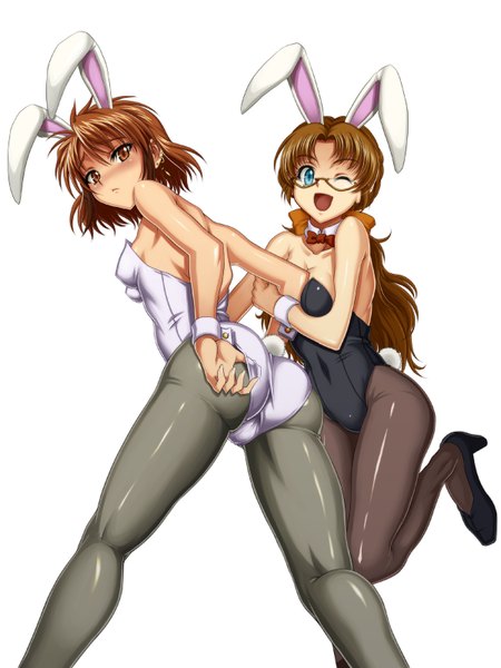 Anime picture 1200x1600 with super robot wars ibis douglas tsugumi takakura shunzou long hair tall image blush short hair open mouth blue eyes light erotic simple background brown hair white background multiple girls brown eyes one eye closed looking back wink bunny ears
