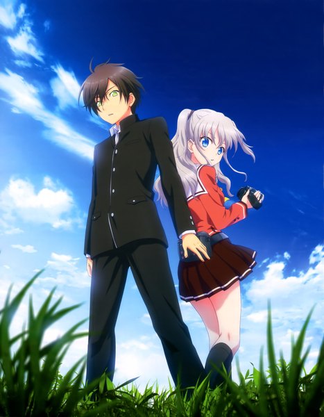 Anime picture 3171x4074 with charlotte p.a. works tomori nao otosaka yuu long hair tall image looking at viewer highres short hair blue eyes brown hair standing holding green eyes absurdres sky cloud (clouds) pleated skirt looking back wind