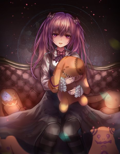 Anime picture 1500x1932 with original cotn7806 single long hair tall image looking at viewer blush fringe hair between eyes sitting purple eyes holding purple hair long sleeves parted lips head tilt fang (fangs) girl thighhighs dress
