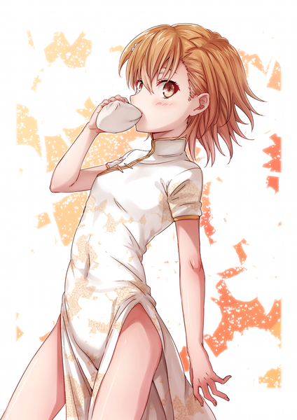 Anime picture 1191x1684 with to aru kagaku no railgun j.c. staff misaka mikoto puma (hyuma1219) single tall image looking at viewer blush fringe short hair standing holding traditional clothes orange hair bare legs orange eyes mouth hold chinese clothes side slit girl