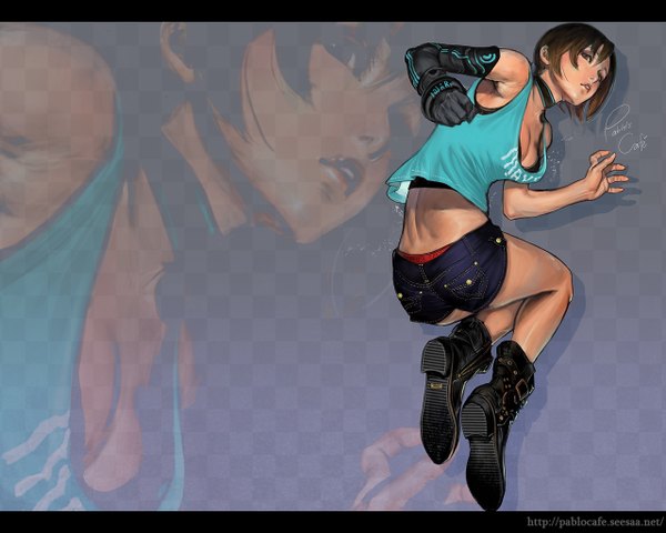 Anime picture 1280x1024 with pablo single short hair breasts brown hair brown eyes wallpaper back jumping zoom layer checkered girl shorts boots collar single elbow glove