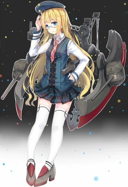Anime picture 900x1312 with kantai collection original echj single long hair tall image looking at viewer blue eyes blonde hair hand on hip plaid skirt girl thighhighs skirt weapon miniskirt shirt white thighhighs gun beret