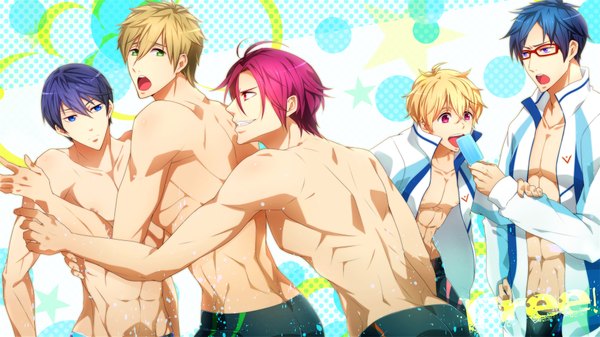 Anime picture 1920x1080 with free! kyoto animation matsuoka rin nanase haruka (free!) tachibana makoto hazuki nagisa ryugazaki rei highres short hair open mouth blue eyes blonde hair red eyes wide image standing purple eyes green eyes blue hair pink hair profile