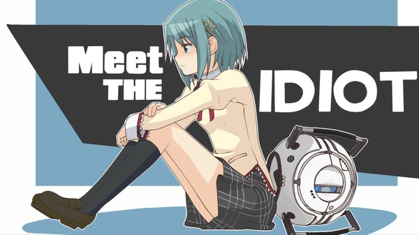 Anime picture 1920x1080 with mahou shoujo madoka magica portal team fortress 2 shaft (studio) miki sayaka wheatley hangaku highres short hair blue eyes wide image blue hair crossover parody girl uniform socks serafuku black socks robot