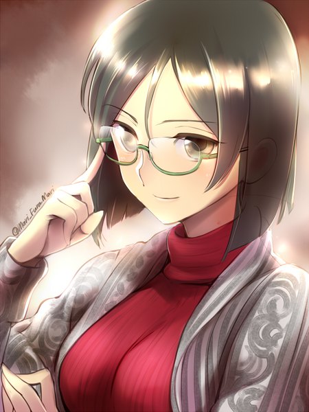 Anime picture 600x800 with kantai collection kirishima battleship primary stage single tall image blush short hair breasts brown hair large breasts brown eyes signed light smile portrait brown background adjusting glasses girl glasses turtleneck