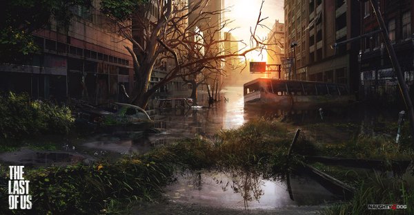 Anime picture 1400x726 with the last of us tiger1313 wide image city no people abandoned plant (plants) tree (trees) water building (buildings) ground vehicle flag car traffic lights