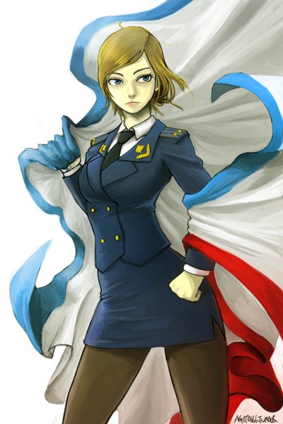 Anime picture 2000x3000 with real life natalia poklonskaya agito666 (artist) single tall image highres blue eyes simple background blonde hair standing white background looking away wind girl skirt uniform pantyhose necktie military uniform flag