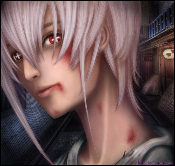 Anime picture 1000x951 with air gear toei animation kilik inira single long hair red eyes white hair light smile lips realistic torn clothes portrait + + boy blood