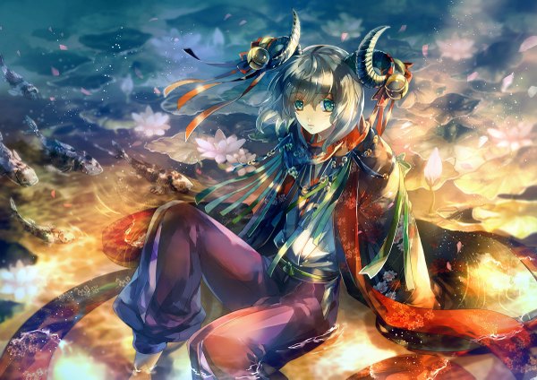 Anime picture 1200x849 with original noki (affabile) single short hair sitting green eyes horn (horns) grey hair boy flower (flowers) ribbon (ribbons) petals water scarf bell pants fish (fishes) water lily