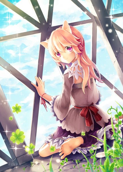 Anime picture 600x839 with original kaji (artist) single long hair tall image fringe smile sitting animal ears sky cloud (clouds) bent knee (knees) tail animal tail looking back barefoot from behind cat ears orange hair bare legs
