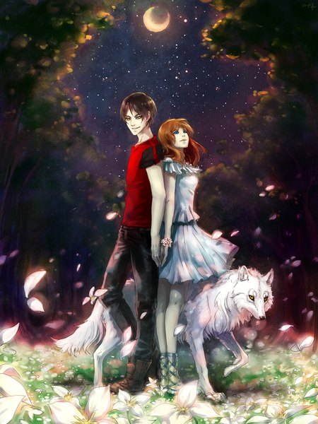 Anime picture 800x1067 with original yuumei tall image looking at viewer fringe short hair blue eyes black hair smile brown hair standing yellow eyes light smile wind orange hair night night sky couple looking up pale skin