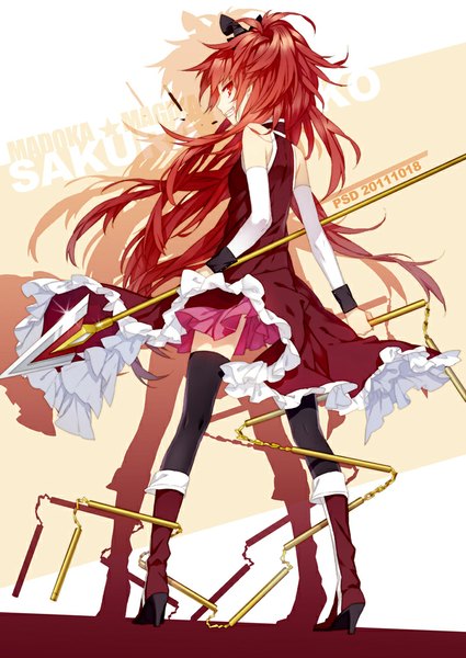 Anime picture 708x1000 with mahou shoujo madoka magica shaft (studio) sakura kyouko psd (pixiv) single long hair tall image looking at viewer smile red eyes bare shoulders signed ponytail red hair profile shadow magical girl girl dress weapon