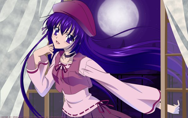 Anime picture 1920x1200 with sola shihou matsuri single long hair highres wide image purple eyes purple hair wind night wallpaper vector girl choker moon curtains beret full moon