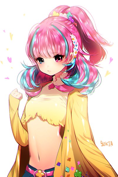 Anime picture 660x986 with sorolp single long hair tall image blush fringe blue eyes simple background white background signed pink hair ponytail pink eyes multicolored hair aqua hair two-tone hair streaked hair heterochromia girl navel
