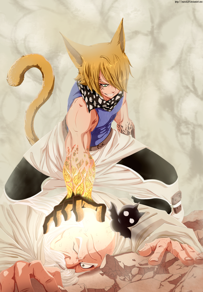 Anime picture 1458x2097 with fairy tail jackal enara123 tall image short hair blonde hair smile brown eyes green eyes animal ears white hair tail animal tail one eye closed wink multiple boys tattoo sleeveless grin coloring